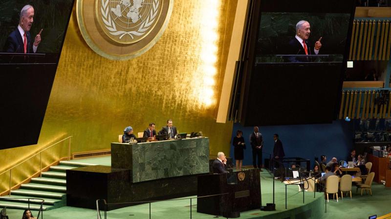 El primer ministro israelí, Benjamin Netanyahu, pronuncia un discurso durante el debate general del 81.º período de sesiones de la Asamblea General de las Naciones Unidas. EP.