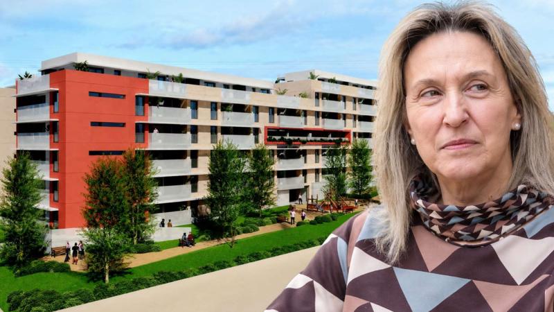 La alcaldesa de Guadalajara, Ana Guarinos, y una de las nuevas promociones de viviendas que ejecutará Casa 47 en la capital alcarreña. Montaje propio.