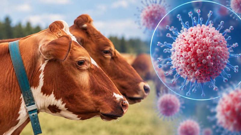 Montaje de una imagen de ganado bovino con una ilustración genérica de un virus, a propósito de la detección del virus Shamonda en humanos