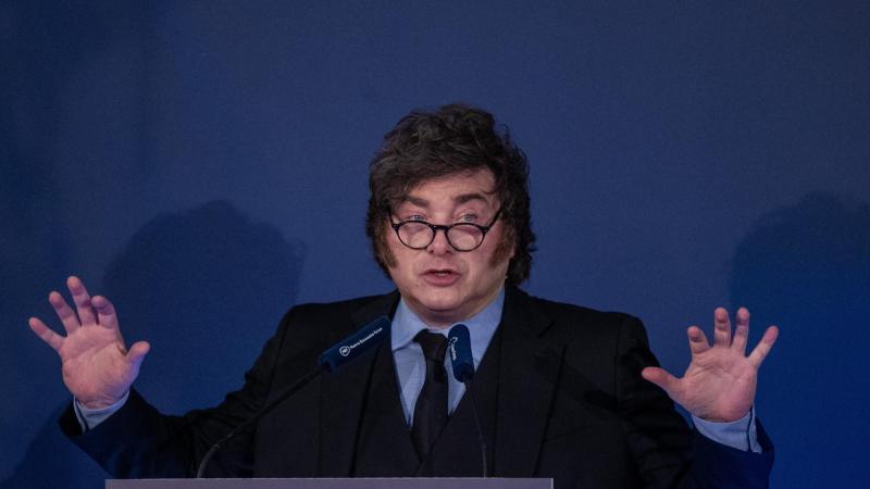 El presidente de Argentina, Javier Milei, durante su intervención en un acto de Madrid durante su visita a España a 21 de octubre de 2026. EP.