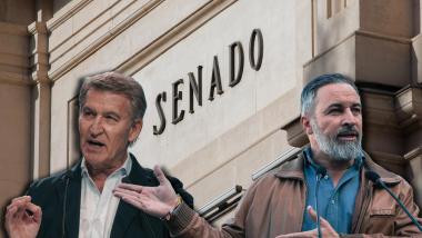 Alberto Núñez Feijóo, del PP, y Santiago Abascal, de Vox, en un fotomontaje sobre el Senado. Elaboración propia.