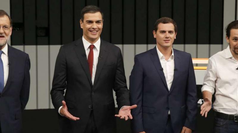 De izq. a derecha, Mariano Rajoy, Pedro Sánchez, Albert Rivera y Pablo Iglesias durante un debate en Cuatro