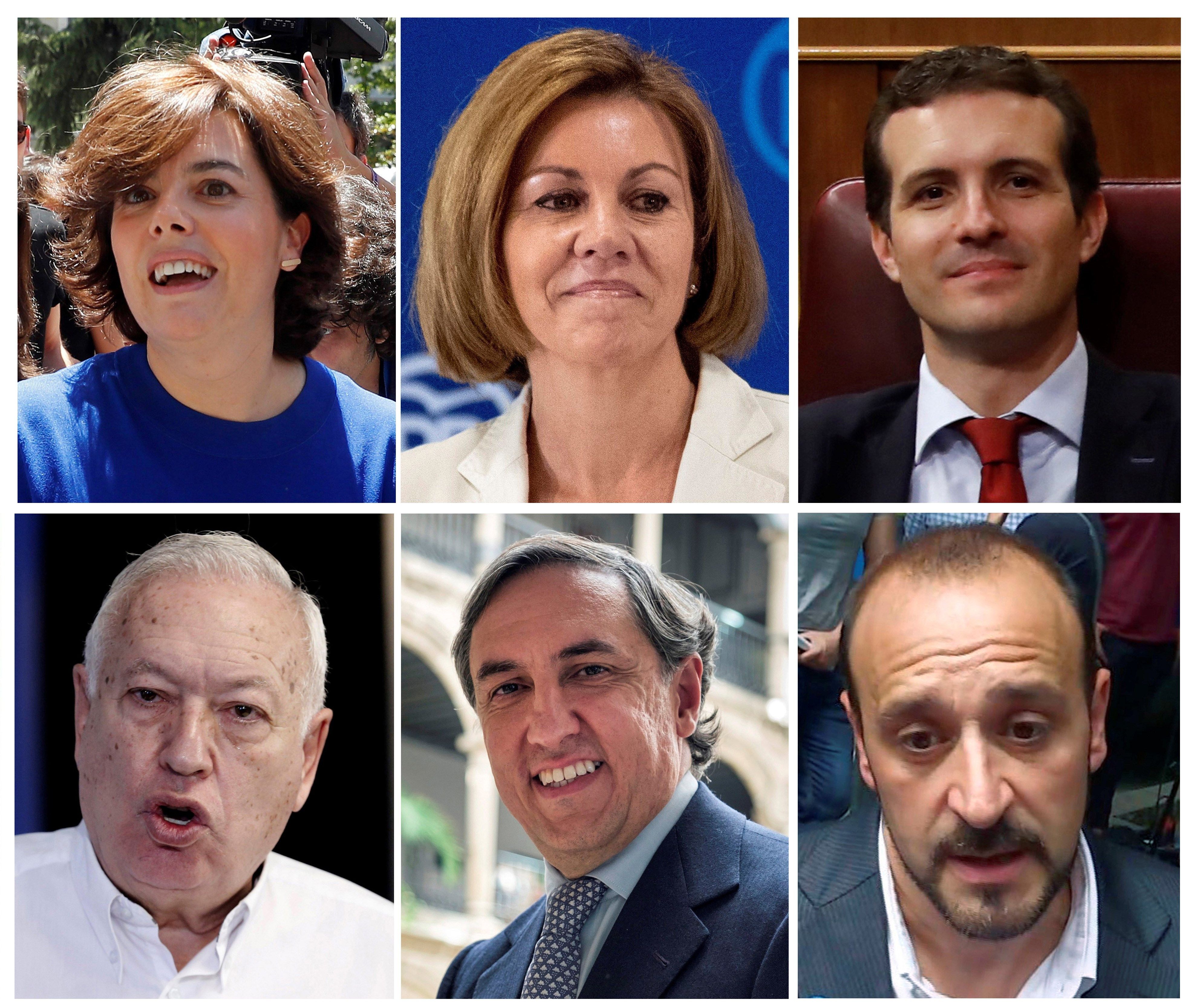 Combo de los seis precandidatos del PP; Soraya Sáenz de Santamaría, María Dolores de Cospedal, Pablo Casado, José Manuel García Margallo, José Ramón García Hernández y Elio Cabanes. 