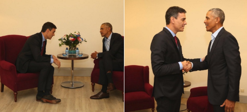 Fotos difundidas por Pedro Sánchez sobre su encuentro con Barack Obama