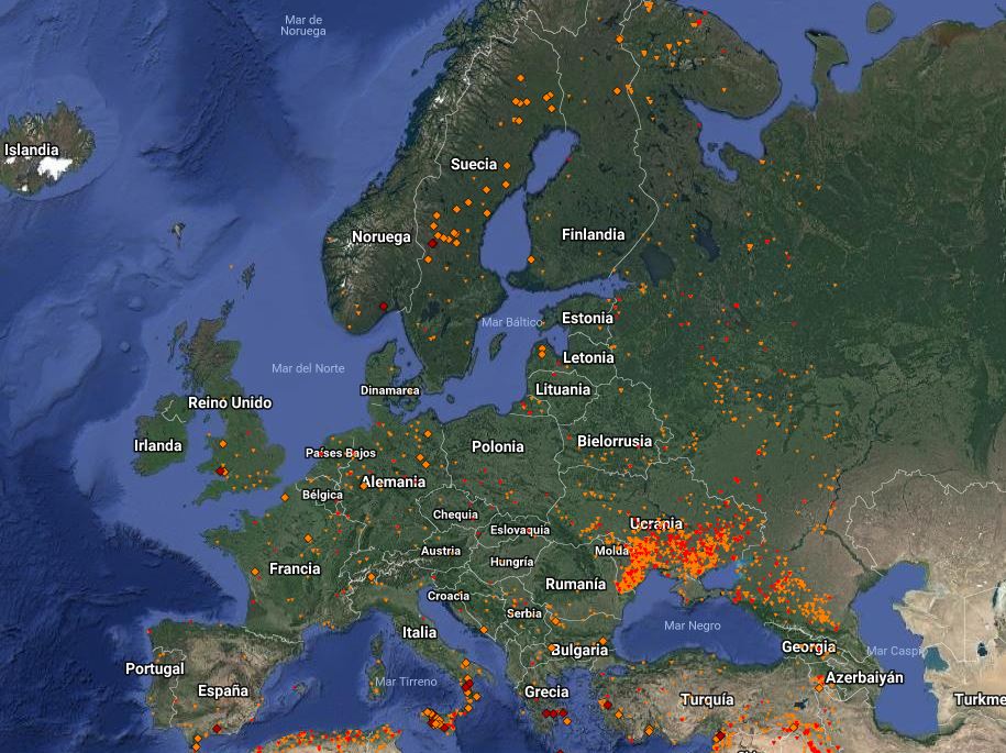 Imagen de @IncendiosES en Twitter con los incendios que sufre Europa