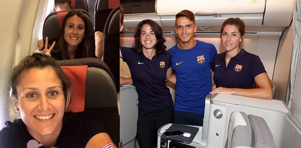 Imágenes que muestran la diferencia entre el espacio en el que viajan las mujeres y los hombres del FC Barcelona 