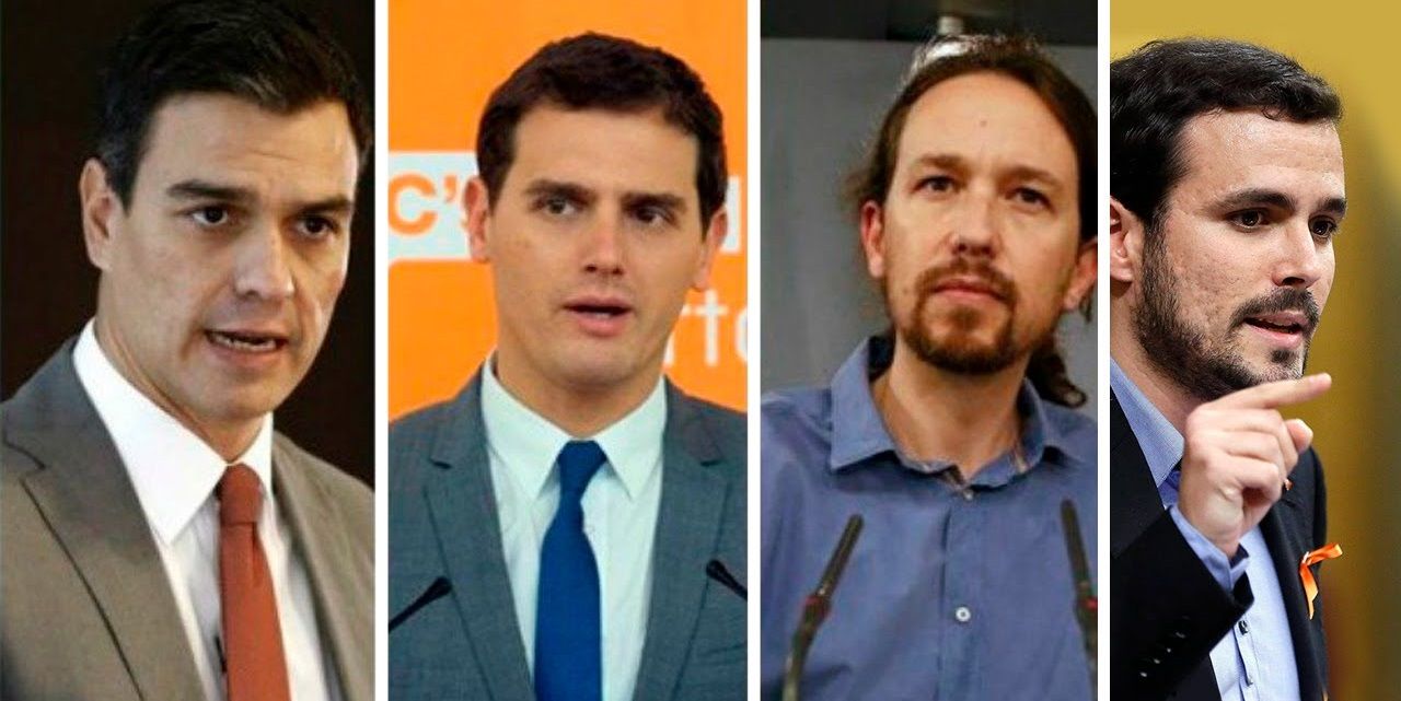 Pedro Sánchez, Albert Rivera, Pablo Iglesias y Alberto Garzón. Fuente: RTVE, youtube