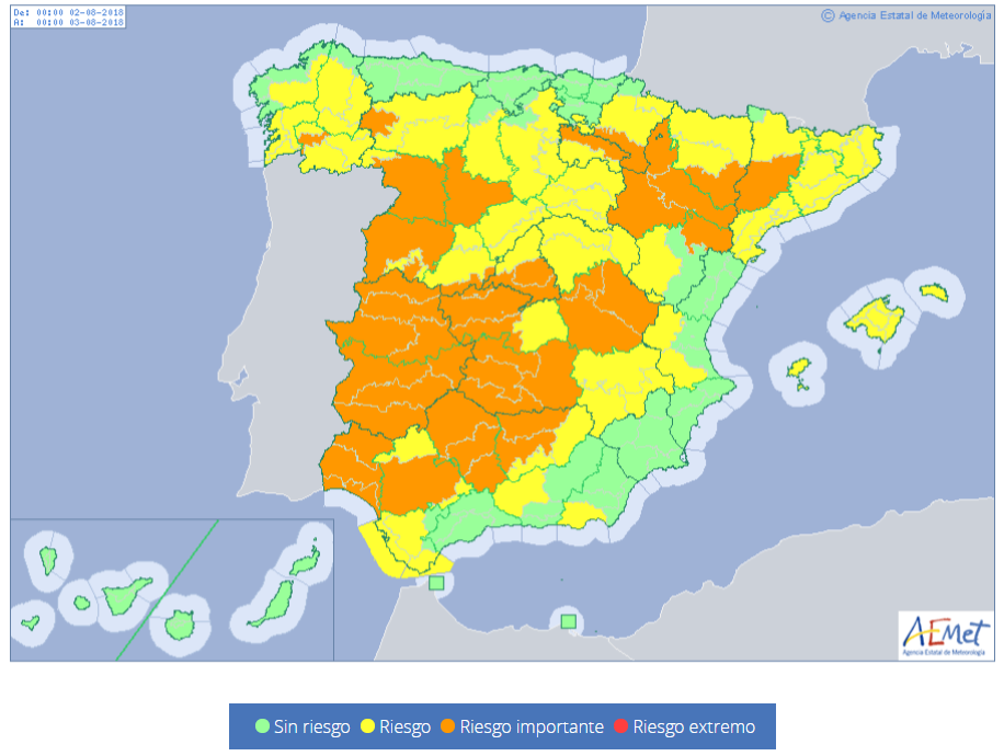 Mapa de alertas para este jueves - Agencia Española de Meteorología AEMET