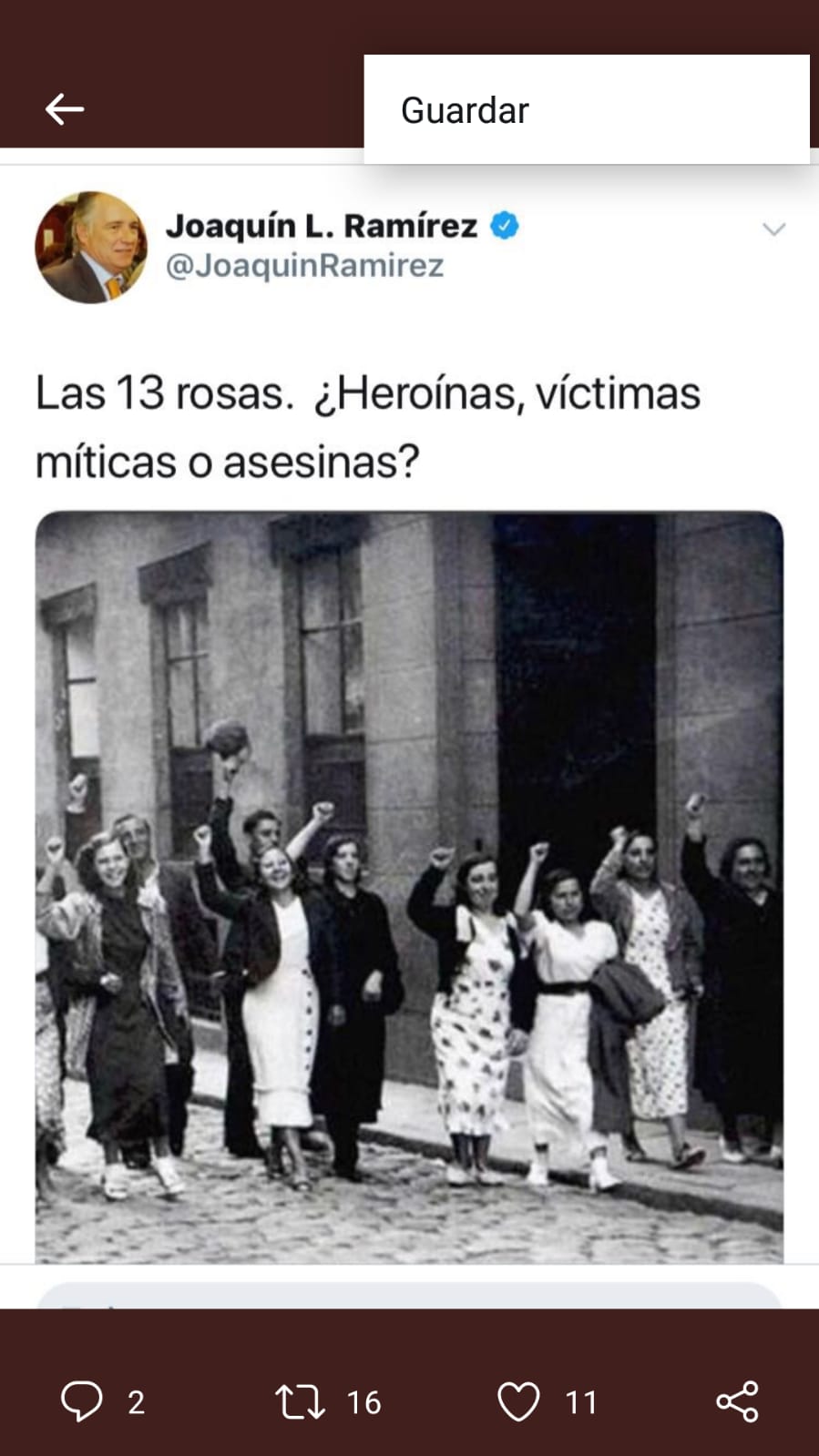 Tuit de Joaquín Ramírez sobre las 13 rosas.