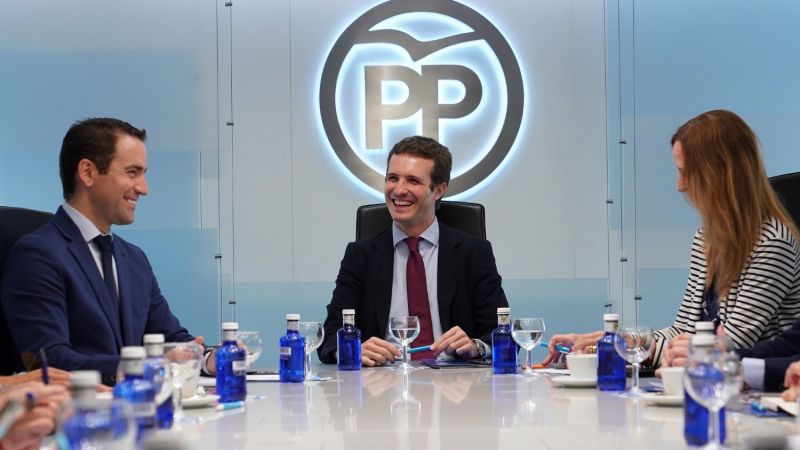 El presidente del PP, Pablo Casado, en la sede de la calle Génova de Madrid. PP