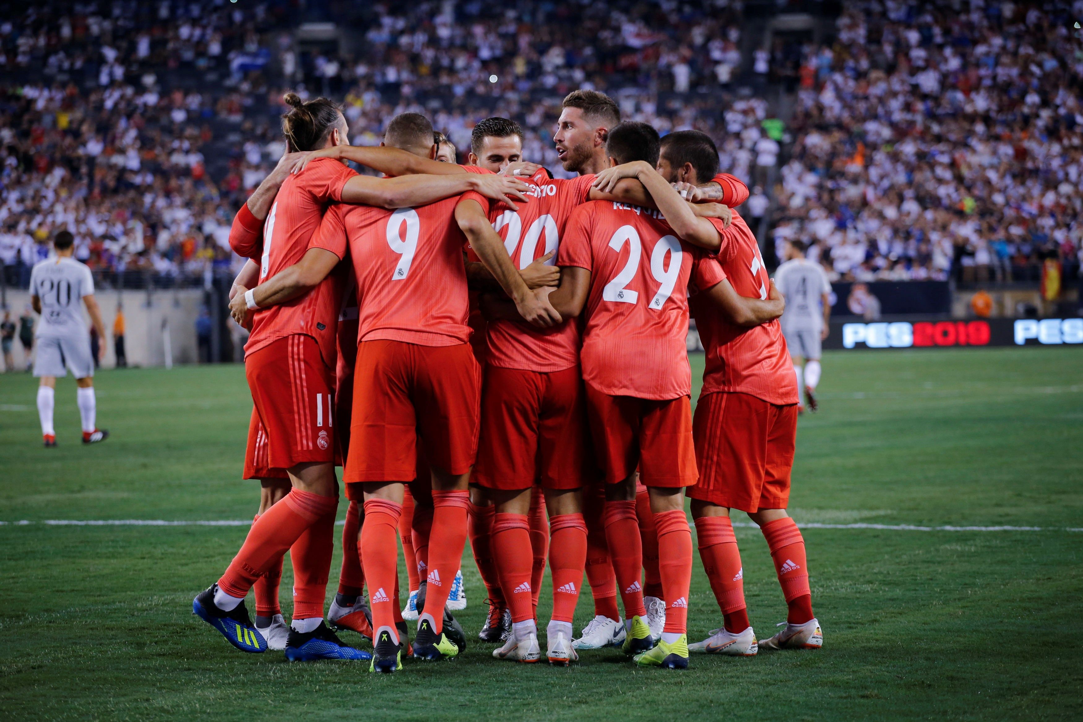 El Real Madrid celebra un gol durante un partido de la Copa Internacional de Campeones disputado en el estadio MetLife, en East Rutherford, Nueva Jersey