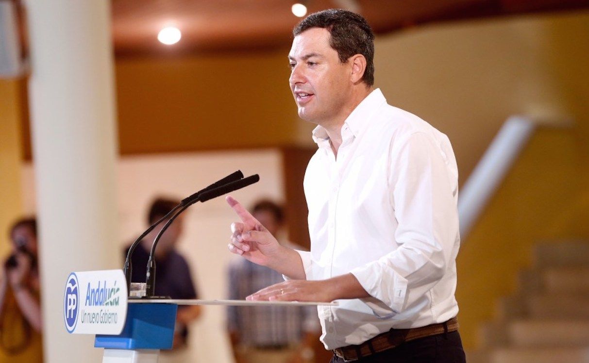 Juanma Moreno, presidente del PP andaluz en un acto de su partido.