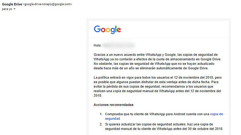 Este es el contenido del mail enviado por Google para informar del acuerdo con WhatsApp.