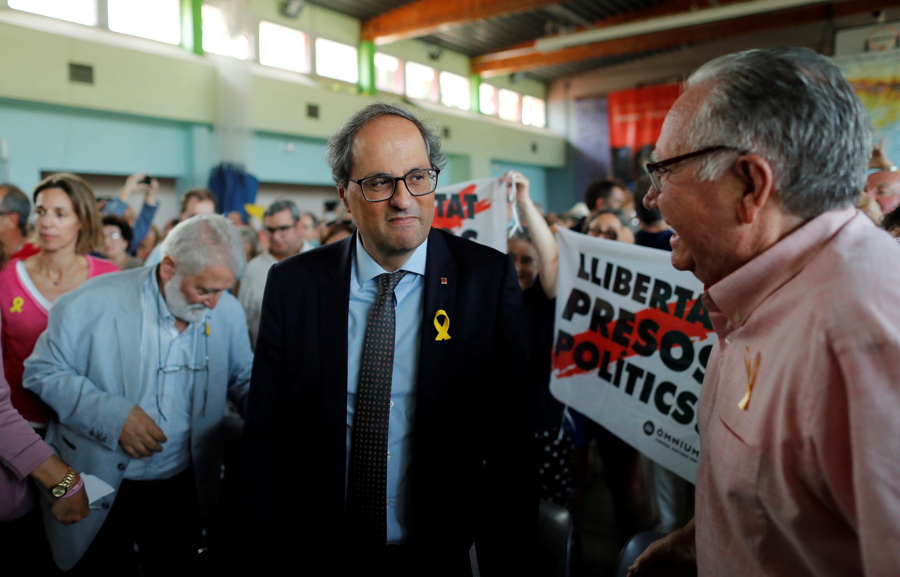 El presidente de la Generalitat de Cataluña, Quim Torra (c), asiste a la clausura de la 50 edición de la Universitat Catalana d'Estiu (UCE ) en la localidad de Prada de Conflent