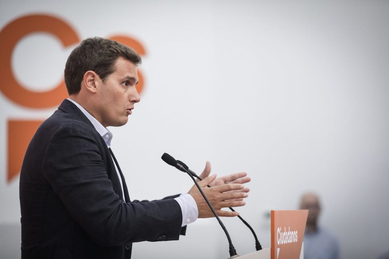 El presidente de Ciudadanos, Albert Rivera, durante una rueda de prensa en la sede del partido