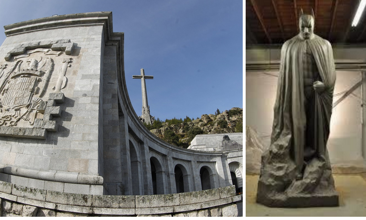 Fotomontaje del Valle de los Caídos y una estatua de Batman