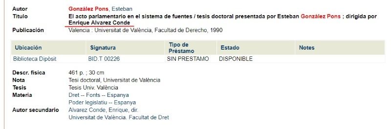 Ficha del doctorado de Esteban González Pons