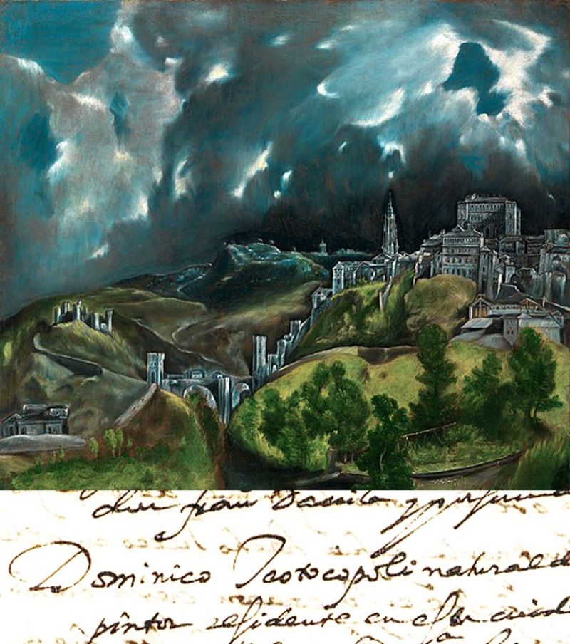 Toledo visto por el Greco y su nombre en el proceso inquisitorial. (Fuente Archivo Histórico Nacional).