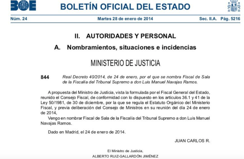 El ascenso del Fiscal Luis Navajas firmado por el ministro de Justicia Alberto Ruiz Gallardón. BOE El ascenso del Fiscal Luis Navajas firmado por el ministro de Justicia Alberto Ruiz Gallardón. BOE
