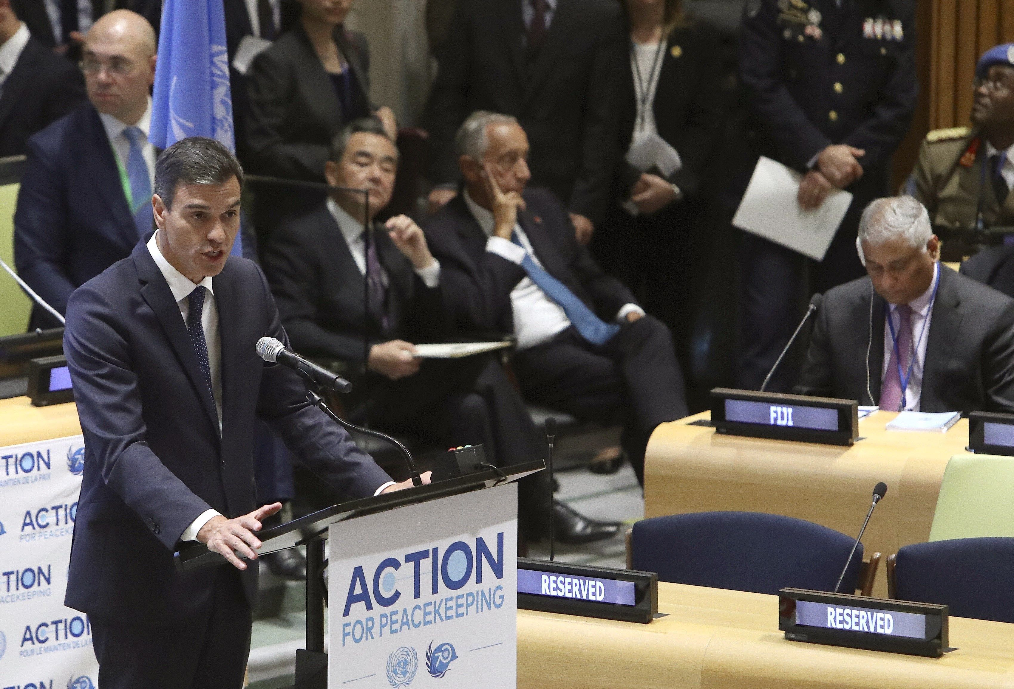 El presidente del Gobierno español, Pedro Sánchez, durante su intervención en la reunión de alto nivel sobre acción para el mantenimiento de la paz organizada en la sede de Naciones Unidas, en Nueva YorK. EFE