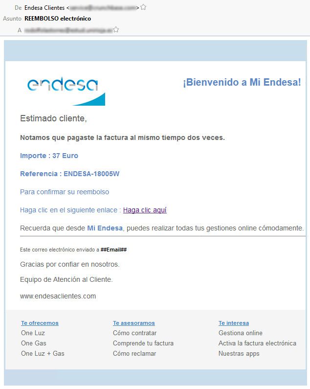 Imagen del correo electrónico falso en el que se utiliza el nombre de Endesa (Foto: osi.es).