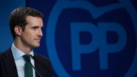El presidente del Partido Popular Pablo Casado durante una rueda de prensa.