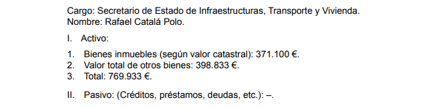 Declaración de Rafael Catalá como Secretario de Estado de Infraestructuras. 