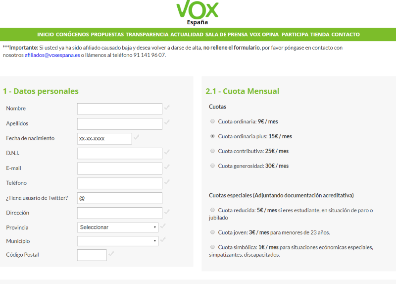 Página para donaciones de VOX. VOX