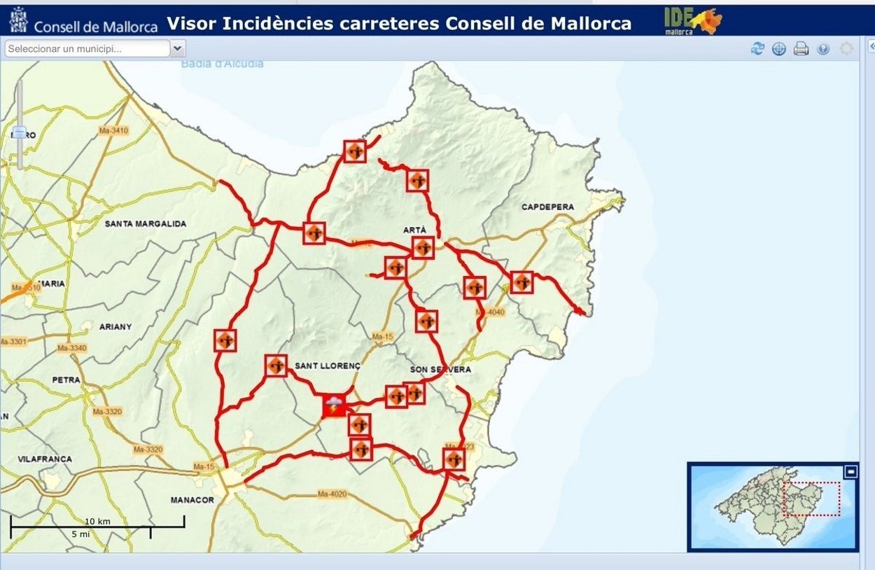 Dos puentes afectados y 11 carreteras cortadas por las inundaciones en el Llevant de Mallorca. EP