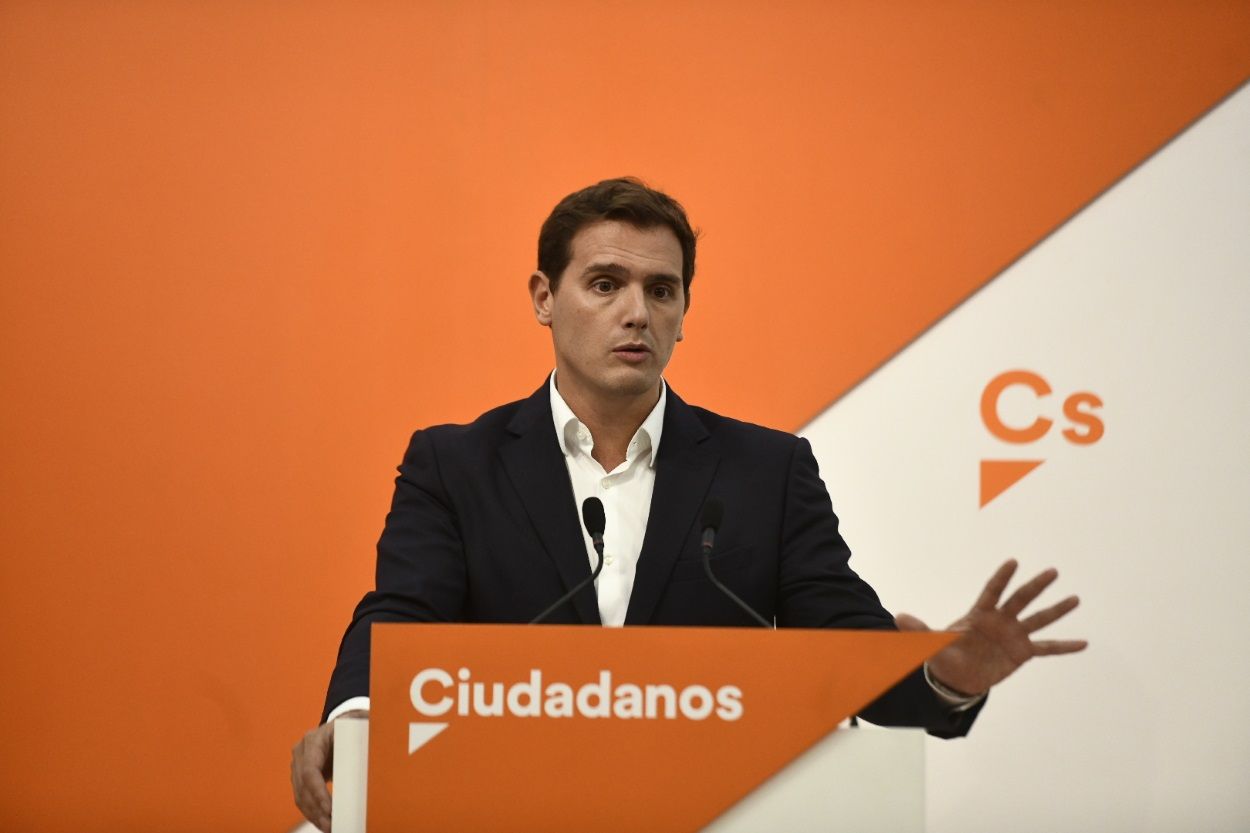 Albert Rivera durante una rueda de prensa en la sede de Ciudadanos