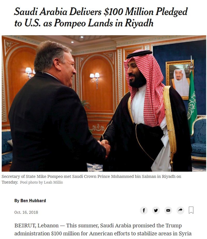 El secretario de Estado Mike Pompeo saluda al príncipe Mohammed bin Salman. Fragmento de The New York Times
