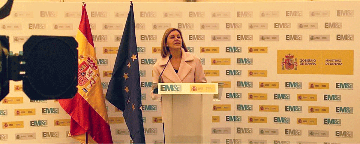 María Dolores de Cospedal, hoy, en la ceremonia de colocación de la primera piedra de la ampliación de la empresa Escribano Mechanical and Engineering