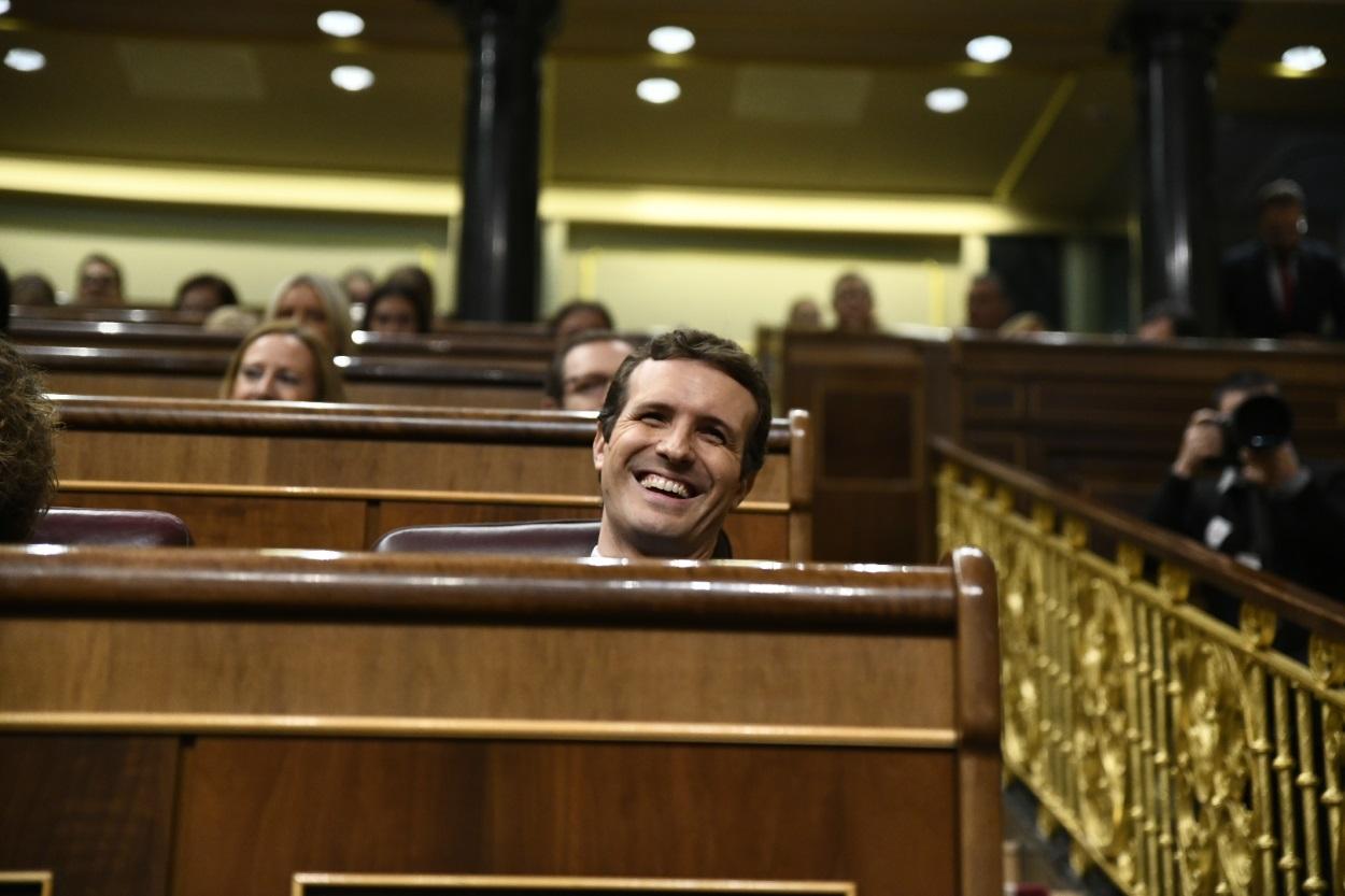 Pablo Casado durante el pleno en el que ha llamado golpista a Pedro Sánchez