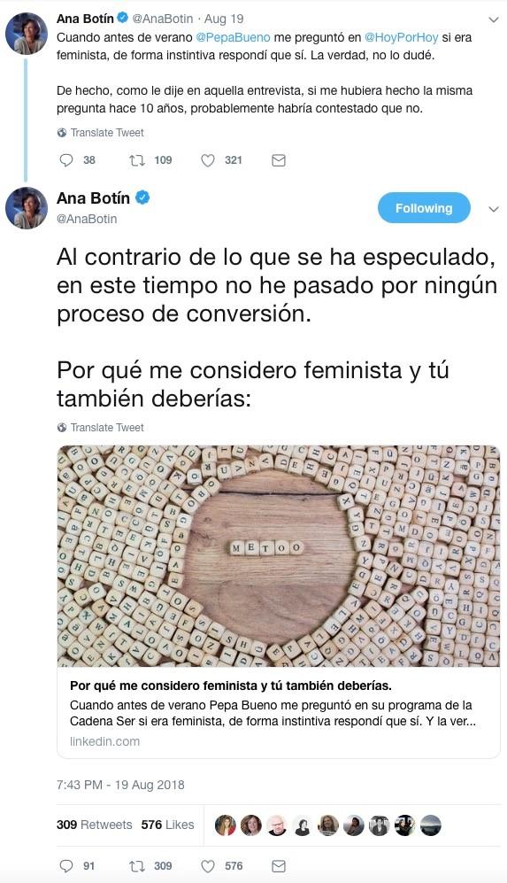 Ana Botín se manifestó feminista desde sus perfiles sociales