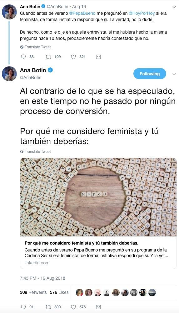 Ana Botín se manifestó feminista desde sus perfiles sociales Ana Botín se manifestó feminista desde sus perfiles sociales