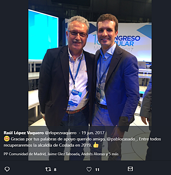 Mensaje del candidato del PP en Coslada a Pablo Casado en Twitter.