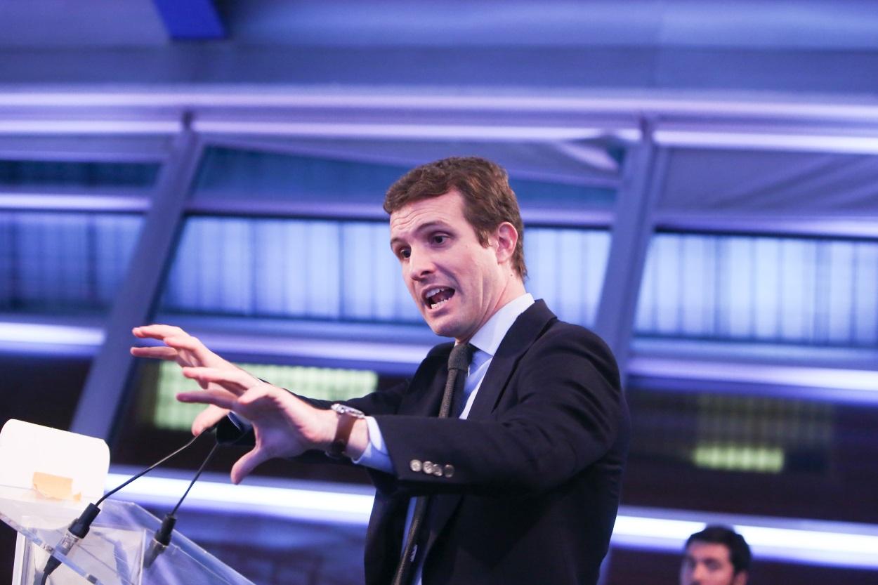 El presidente del PP. Pablo Casado, durante una conferencia