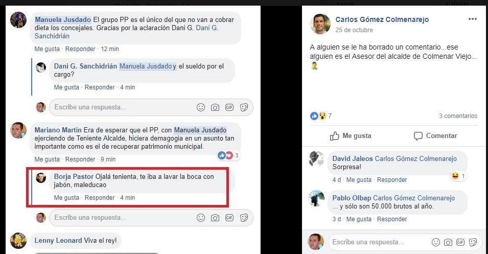 Captura de pantalla del comentario de Borja Pastor, presuntamente equivocándose de cuenta