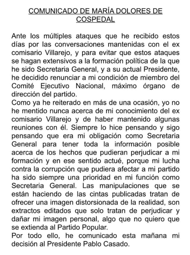 Comunicado de María Dolores de Cospedal Comunicado de María Dolores de Cospedal