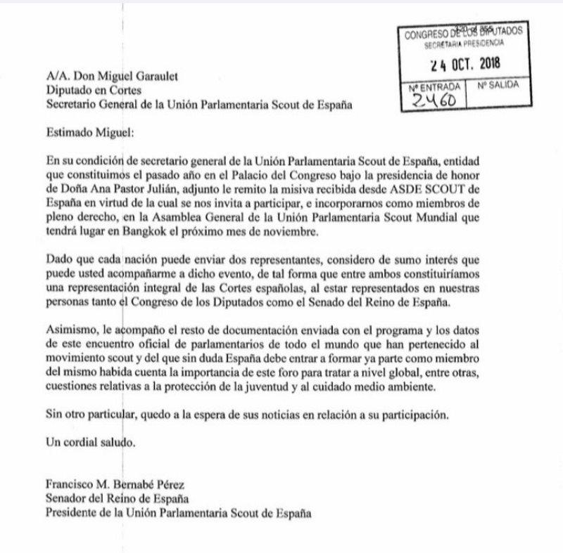 Carta del senador del PP murciano Francisco Bernabé para ir a un encuentro scout.