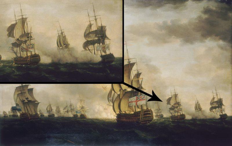 Lienzo sobre la batalla del Cabo de San Vicente 1780 en el que los barcos ingleses no son tan fáciles de distinguir de los españoles.