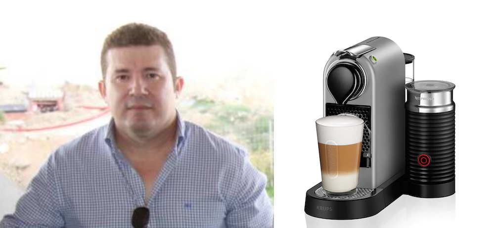 Emilio Argueso (izquierda), diputado valenciano de Ciudadanos, junto a una cafetera valorada en 169 euros (derecha)