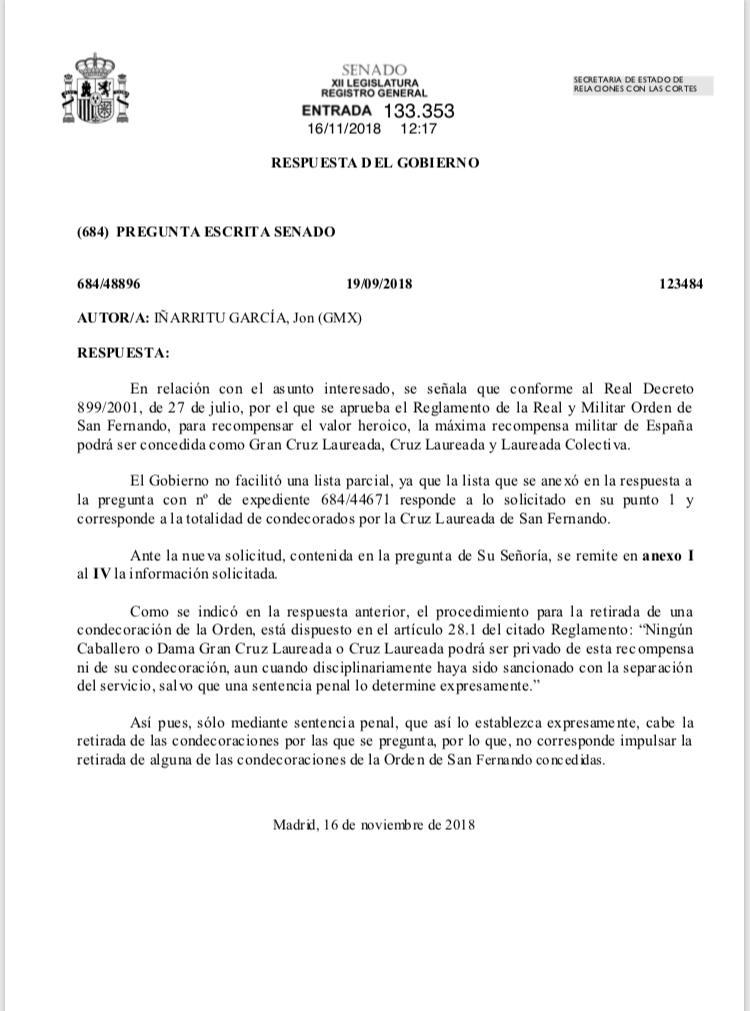 Respuesta del Gobierno ante la segunda pregunta.