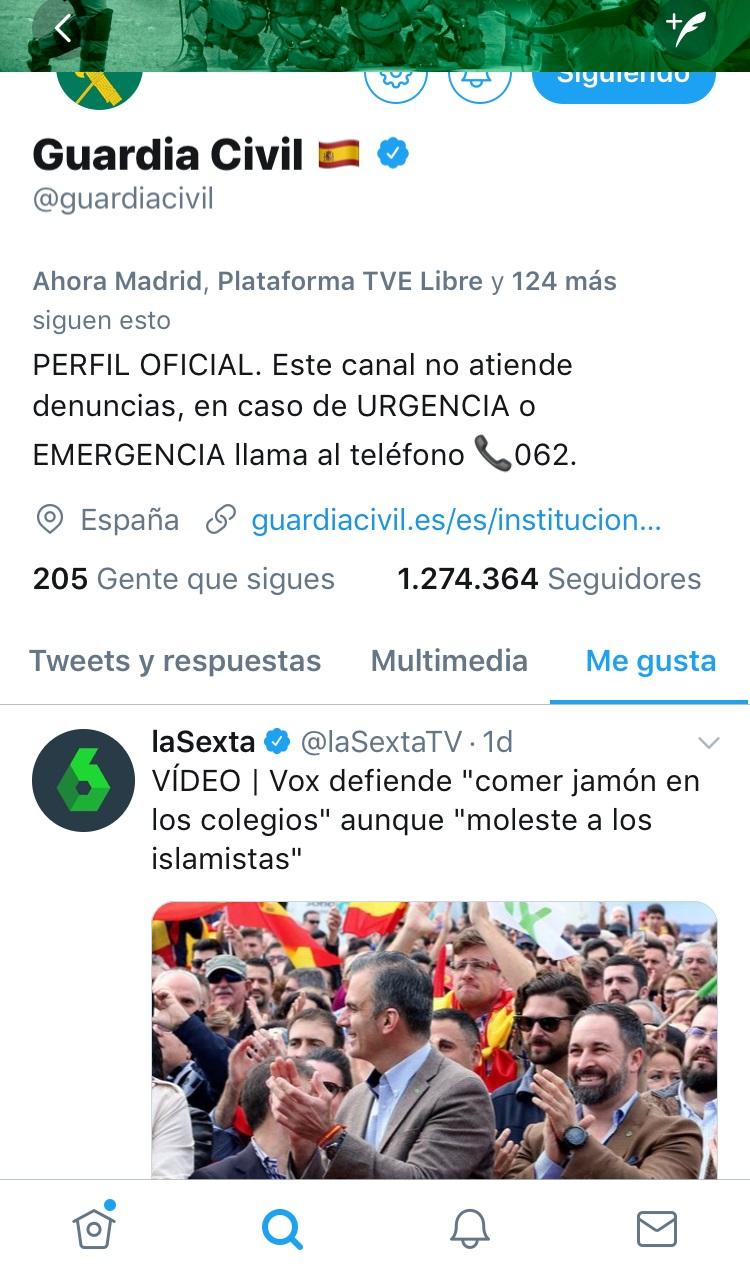 La Guardia Civil da me gusta a un tuit de Vox