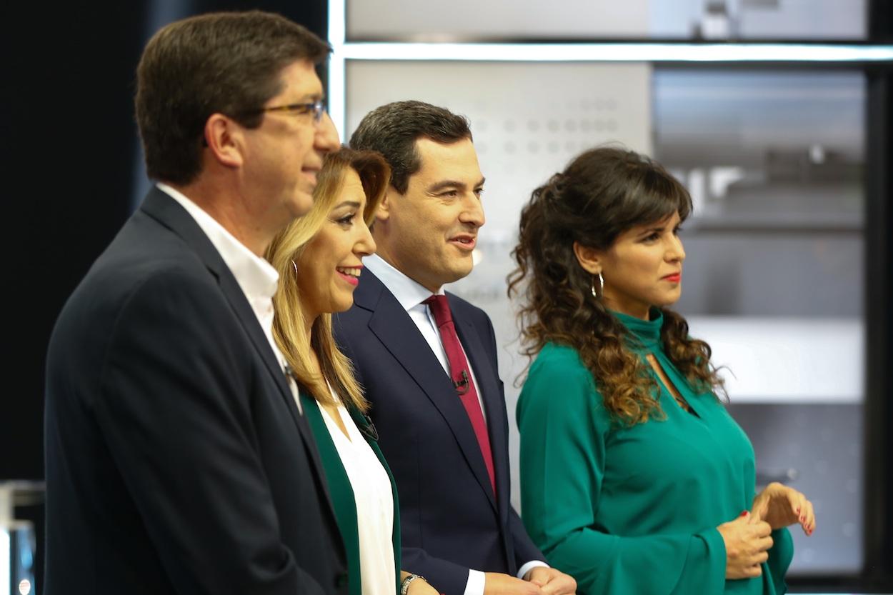 Juan Marín, Susana Díaz, Juanma Moreno y Teresa Rodríguez, en el debate electoral en Canal Sur. EUROPA PRESS