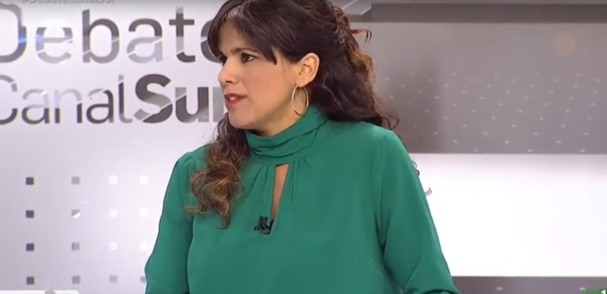 La candidata de Adelante Andalucía, Teresa Rodríguez, durante el debate en Canal Sur