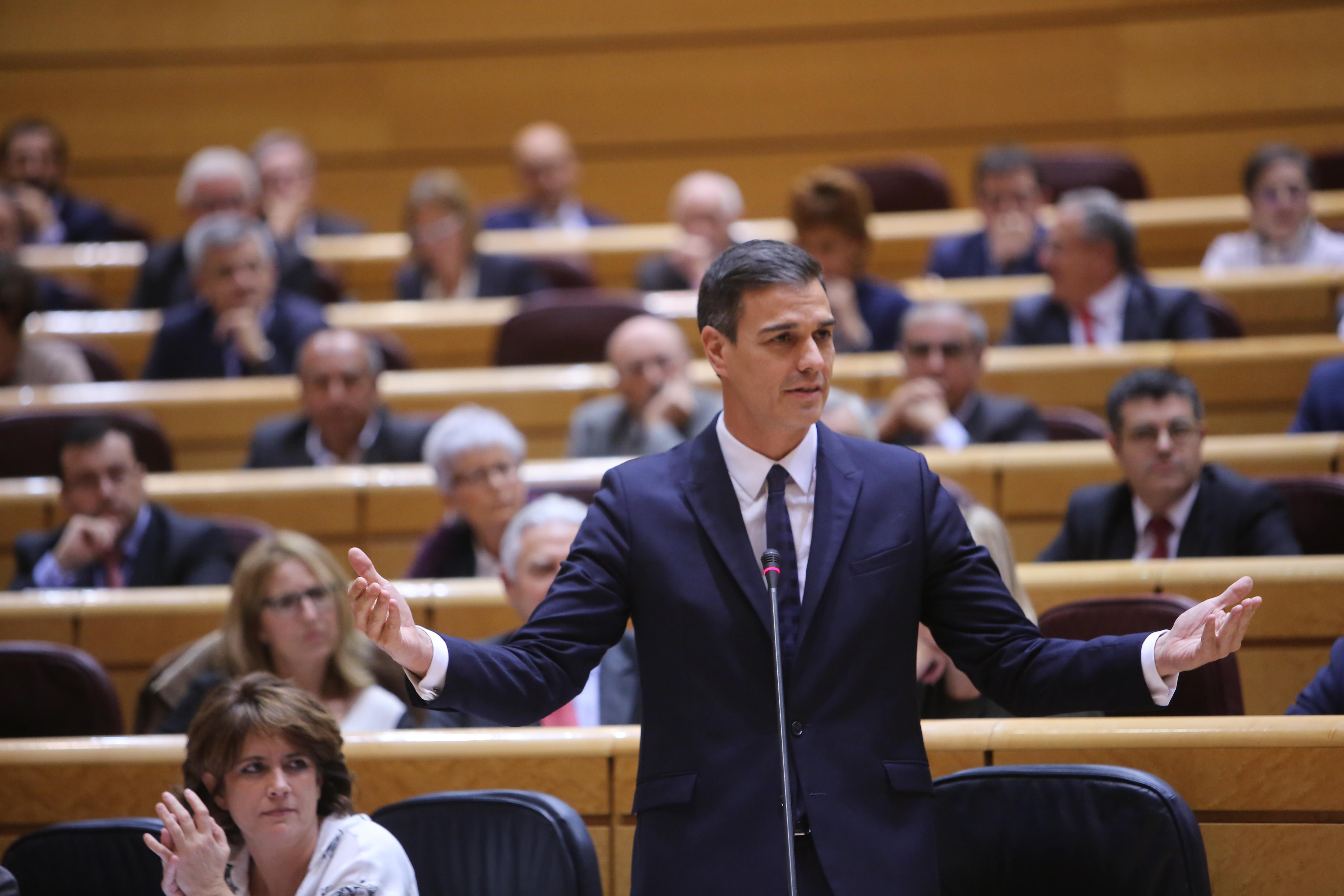 El presidente del Gobierno Pedro Sánchez durante la respuesta a Ignacio Cosidó en el Senado - Ricardo Rubio EP