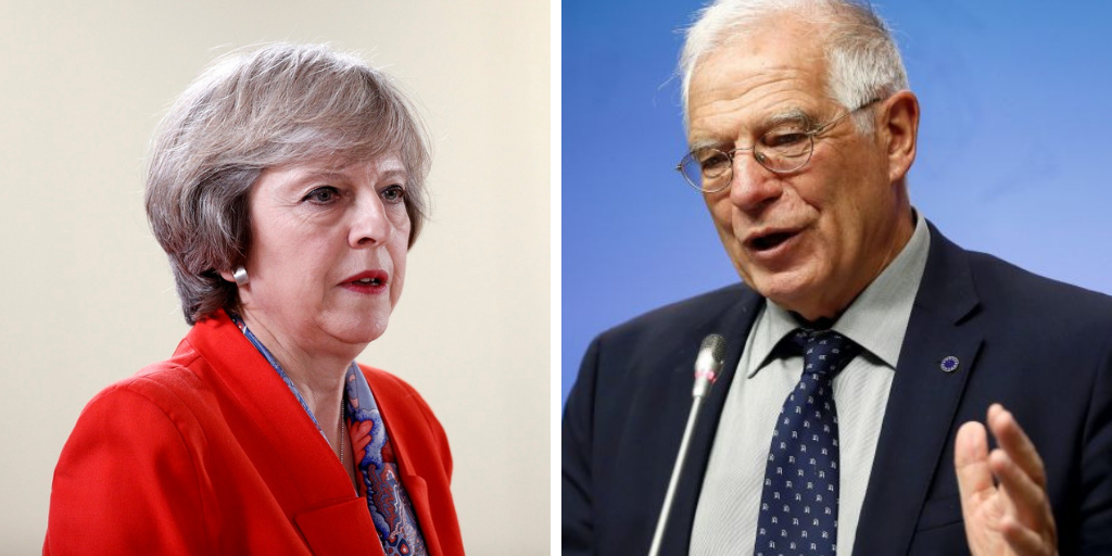 La primera ministra británica, Theresa May, y el ministro de Exteriores, Josep Borrell