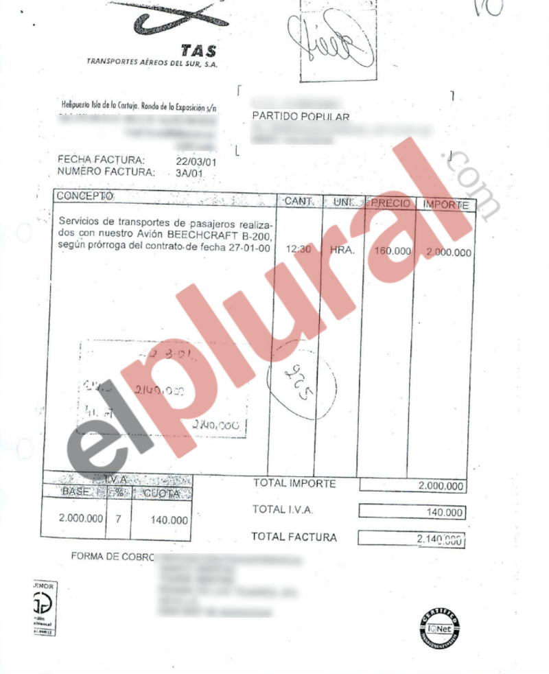 Factura de la contratación del PP de Valencia de aviones privados. ElPlural