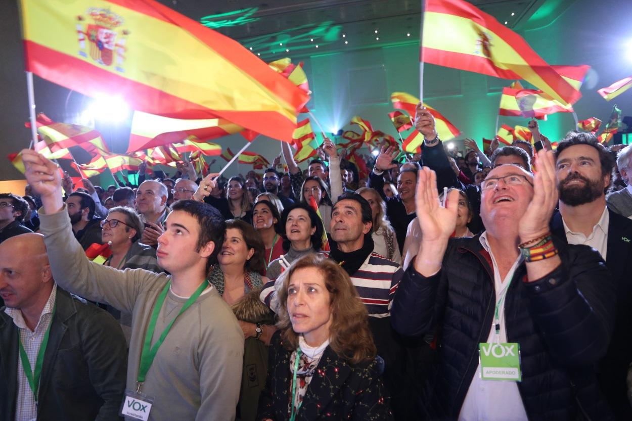 Imágenes de la sede de Vox durante la noche electoral